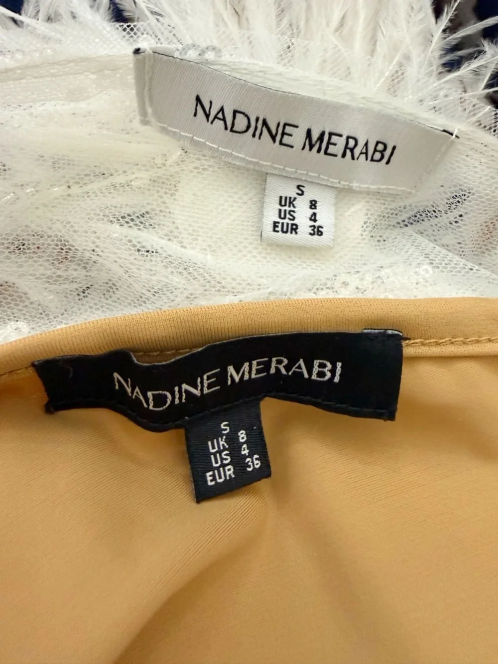 NADINE MERABI  Mila White Feather Sequin Ivory Mini Dress with Nude Slip Sz S - Picture 16 of 17